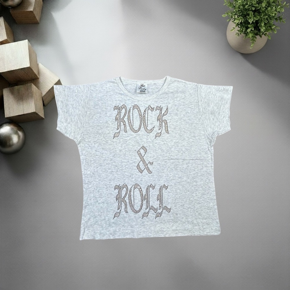 Get Lucky Rock & Roll Rhinestone Graphic T-Shirt Grey Y2K Boxy Fit XL‎